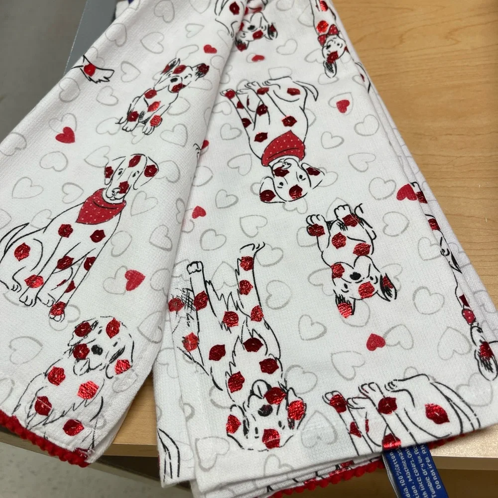 Valentine Dogs Kitchen Towels w/Red Trim & Foil Lips, set of 2 Towels NWT